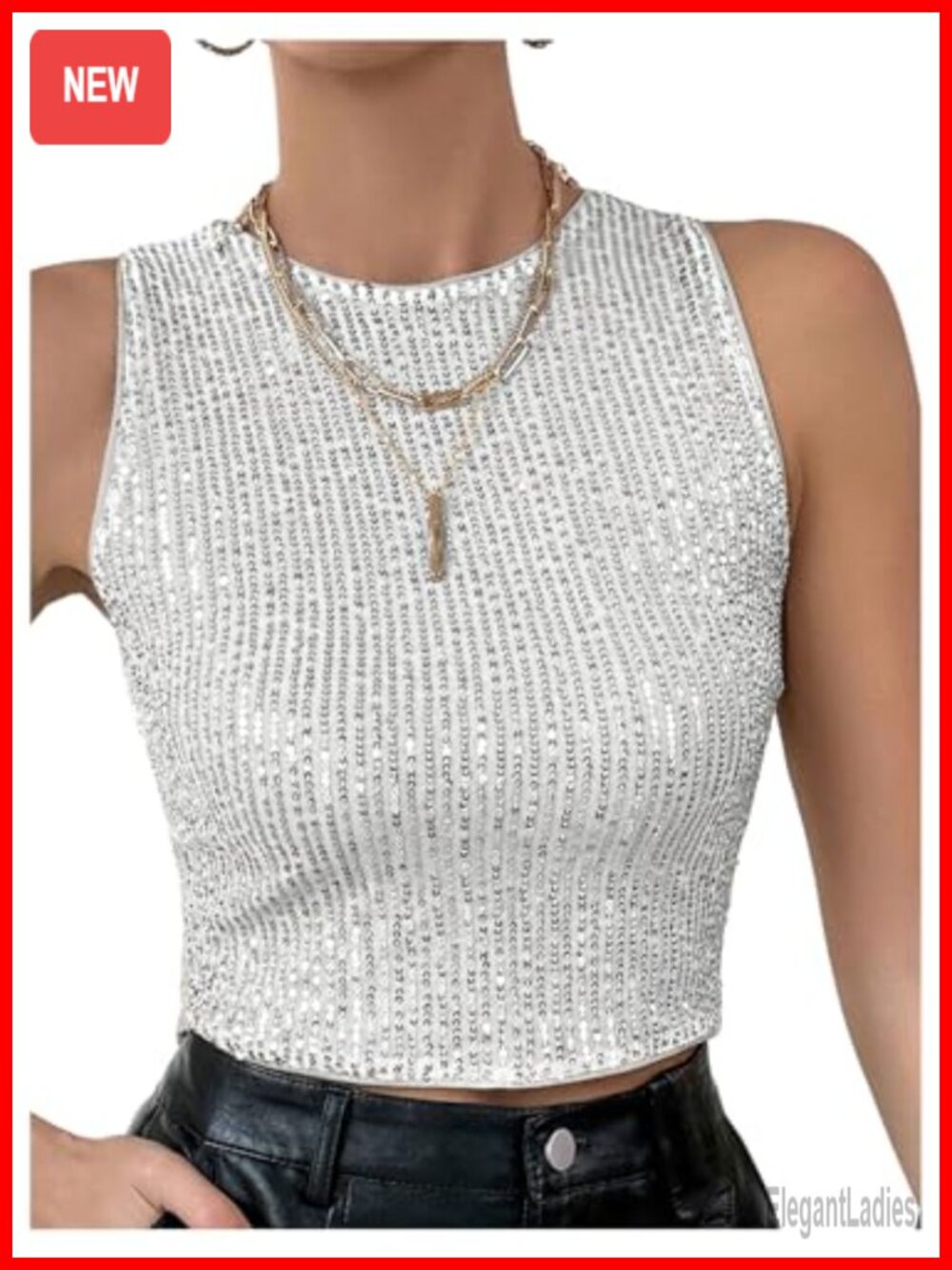 Women's Sequin Crop Tank Top Sleeveless Crew Neck Club Party